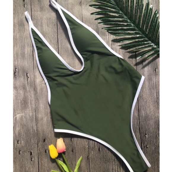 Olive green monokini thong swimsuit - Picture 2 of 4
